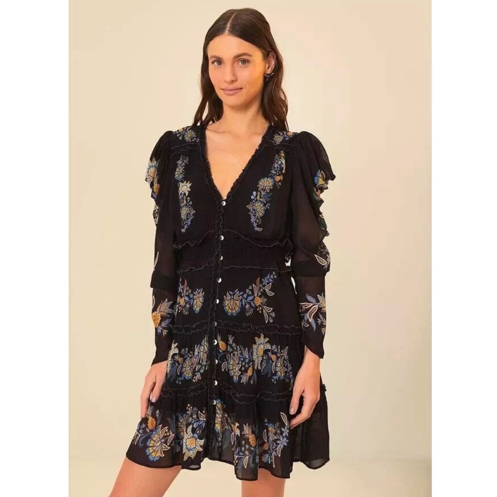 Unworn Farm Rio Black Floral Button Front Tiered Dress